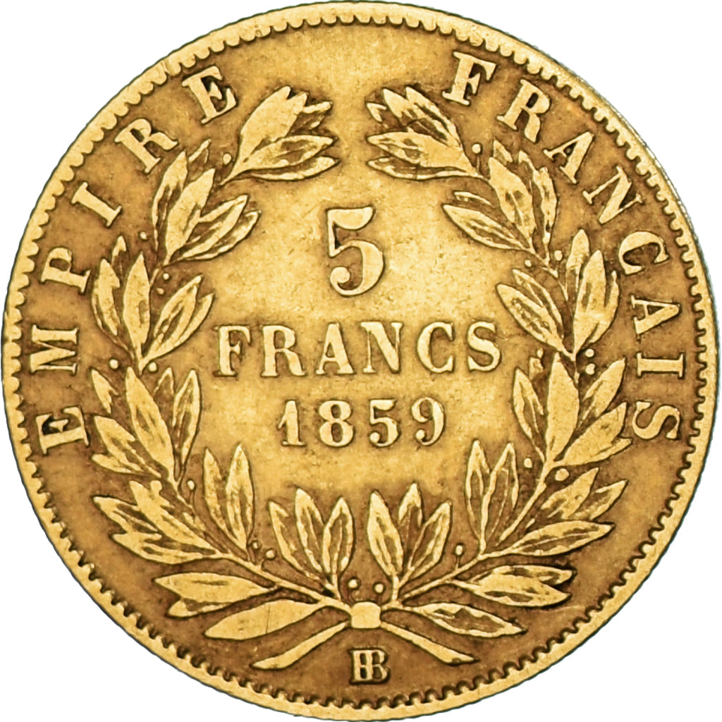 Moeda, França, Napoleon III, 5 Francs, 1859, Strasbourg, VF(30-35), Dourado