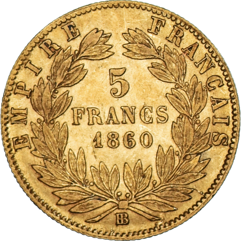 Moeda, França, Napoleon III, 5 Francs, 1860, Strasbourg, AU(50-53), Dourado