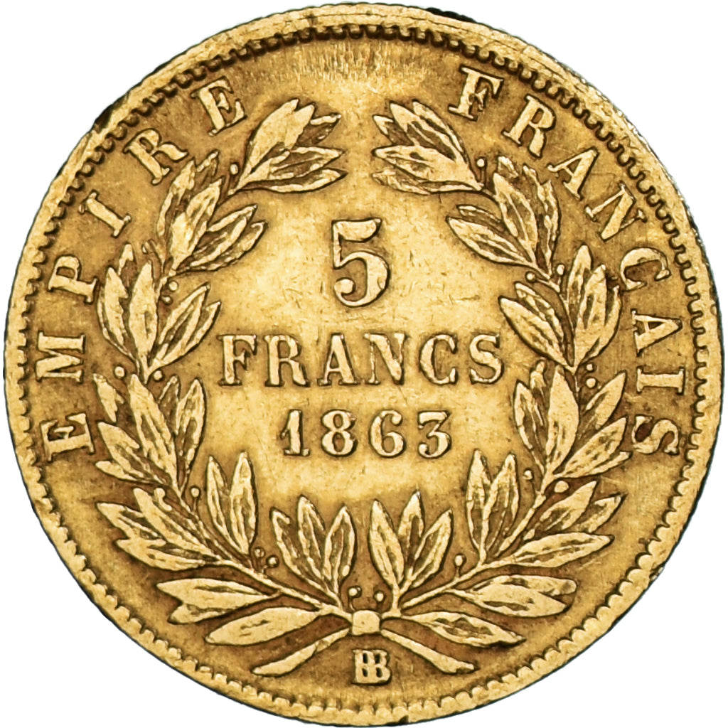 Moeda, França, Napoleon III, 5 Francs, 1863, Strasbourg, VF(20-25), Dourado