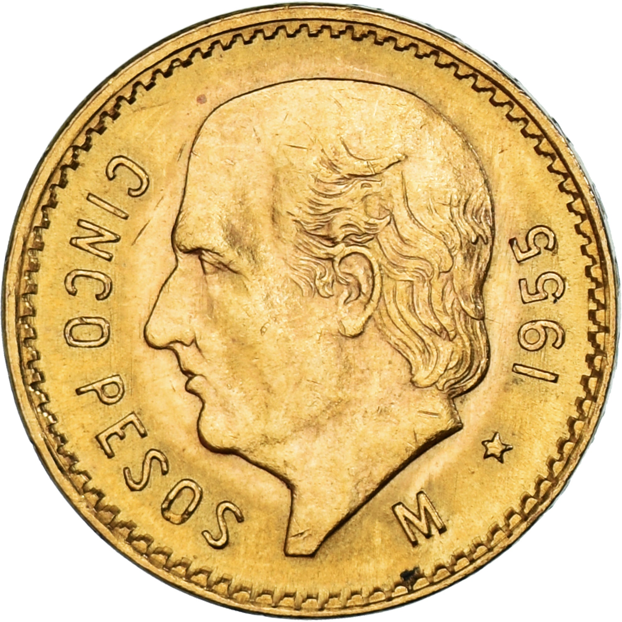 Coin, Mexico, 5 Pesos, 1955, Mexico City, MS(63), Gold, KM:464