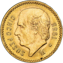 Coin, Mexico, 5 Pesos, 1955, Mexico City, MS(63), Gold, KM:464