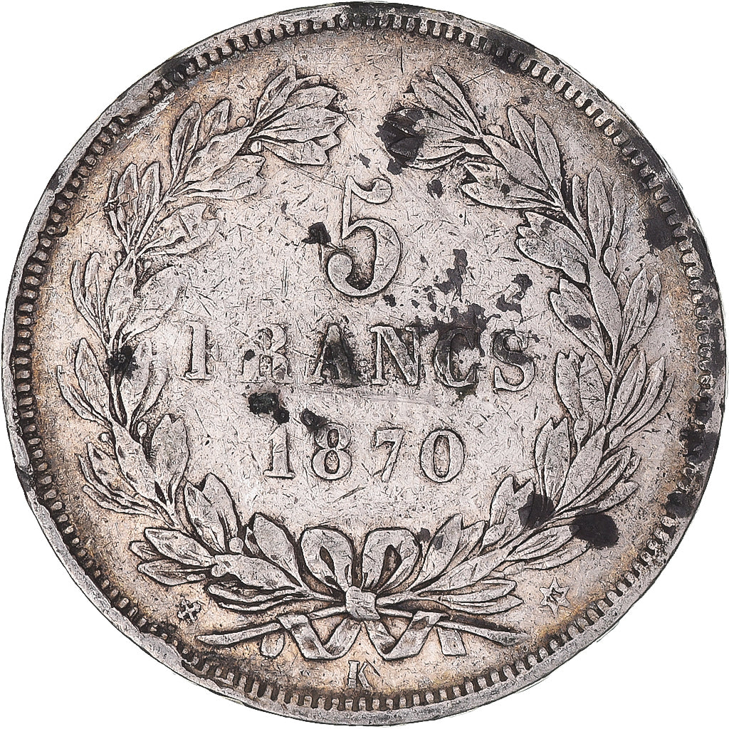 Moneta, Francia, Cérès, 5 Francs, 1870, Bordeaux, MB+, Argento, KM:818.2