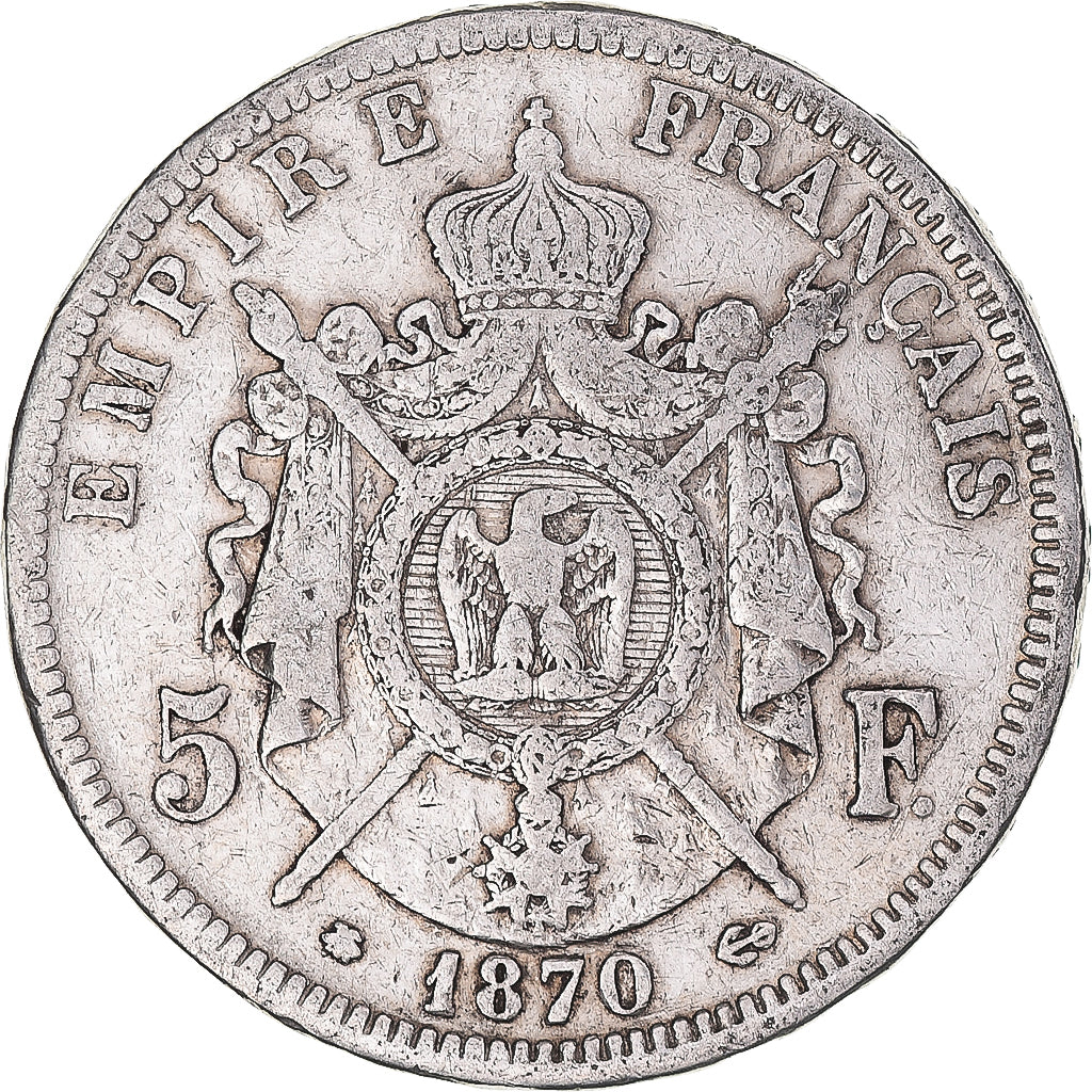 Moneta, Francia, Napoleon III, 5 Francs, 1870, Paris, MB, Argento, KM:799.1