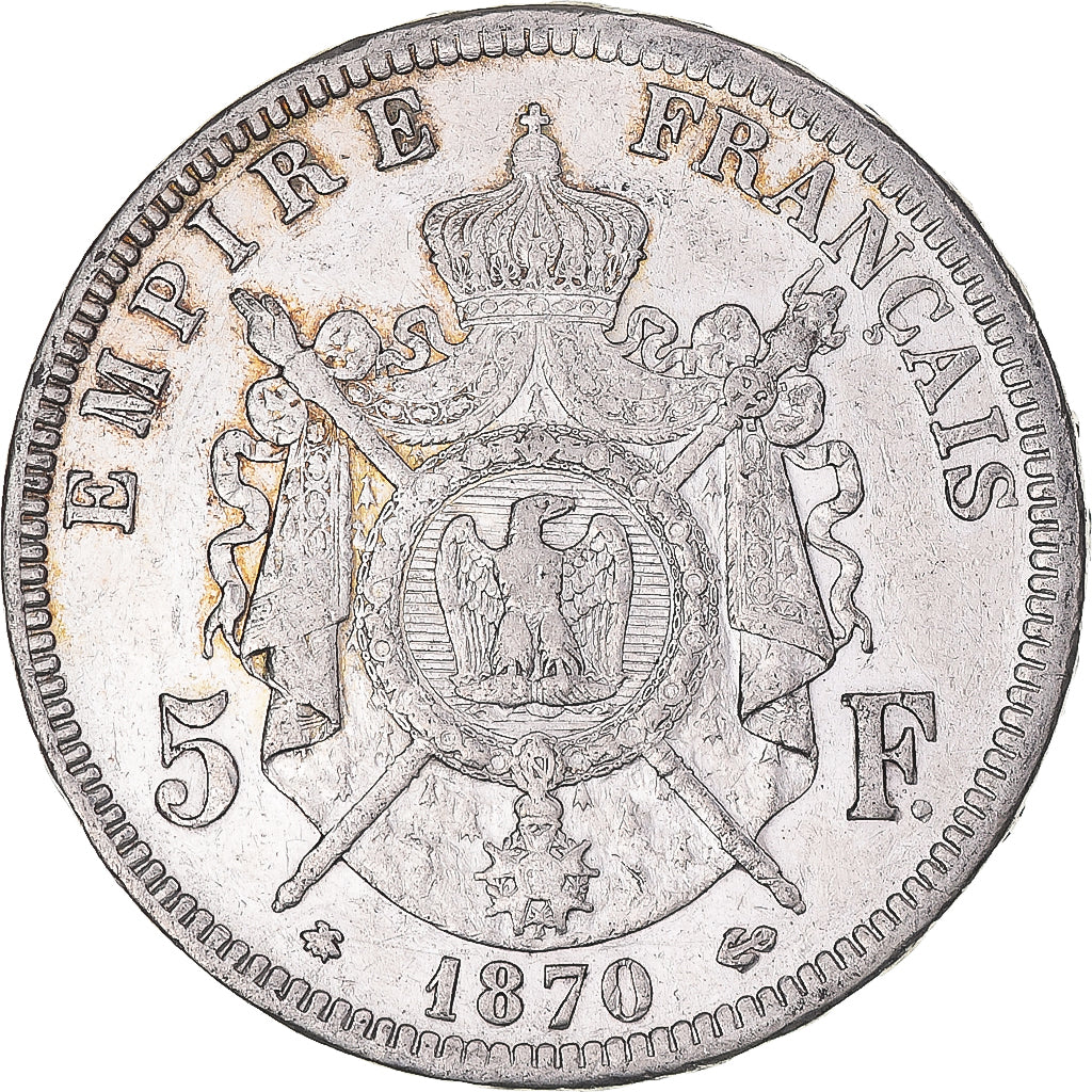 Moneda, Francia, Napoleon III, 5 Francs, 1870, Paris, MBC, Plata, KM:799.1