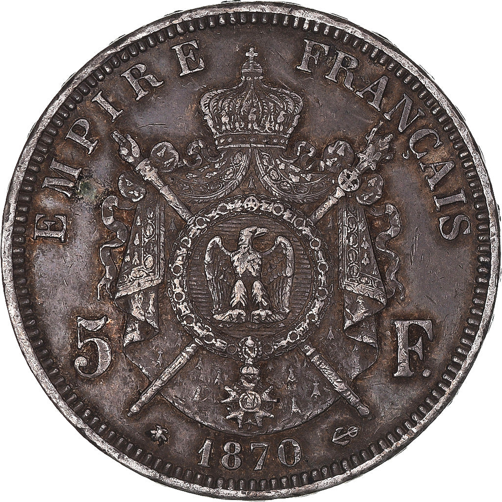 Coin, France, Napoleon III, 5 Francs, 1870, Paris, EF(40-45), Silver, KM:799.1