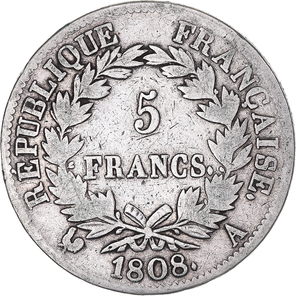 Coin, France, Napoléon I, 5 Francs, 1808, Paris, VF(20-25), Silver, KM:686.1
