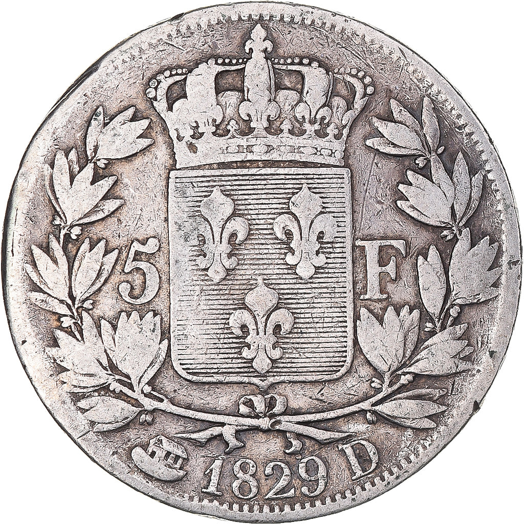 Coin, France, Charles X, 5 Francs, 1829, Lyon, VF(20-25), Silver, KM:728.4