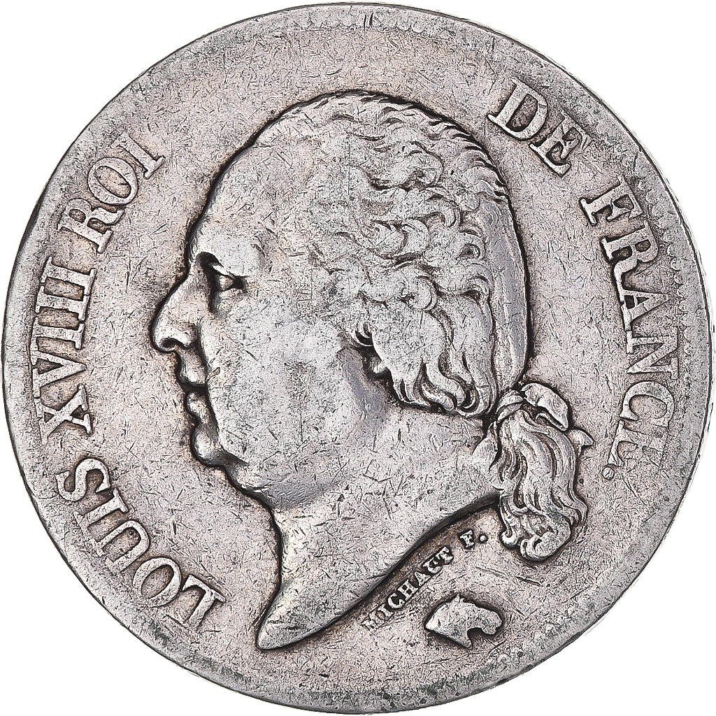 Moneda, Francia, Louis XVIII, 5 Francs, 1818, Rouen, BC+, Plata, KM:711.2