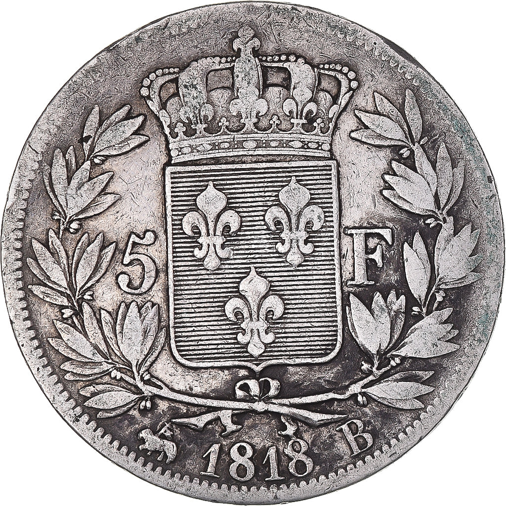 Moneda, Francia, Louis XVIII, 5 Francs, 1818, Rouen, BC+, Plata, KM:711.2