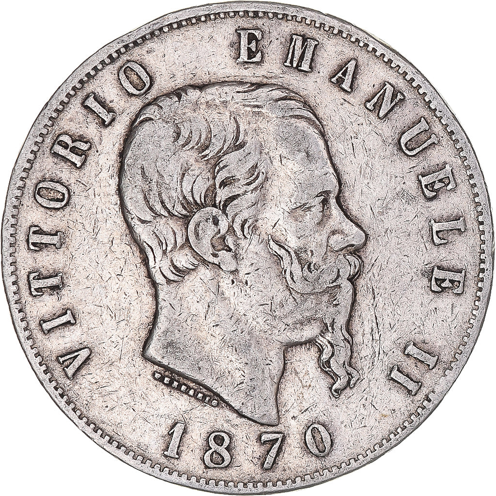 Coin, Italy, Vittorio Emanuele II, 5 Lire, 1870, Milan, VF(20-25), Silver
