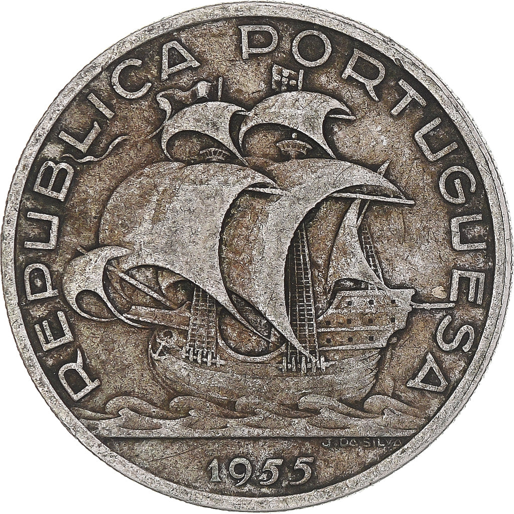 Coin, Portugal, 10 Escudos, 1955, VF(30-35), Silver, KM:586