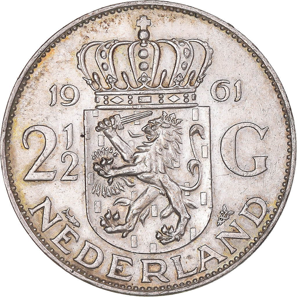 Coin, Netherlands, Juliana, 2-1/2 Gulden, 1961, AU(50-53), Silver, KM:185