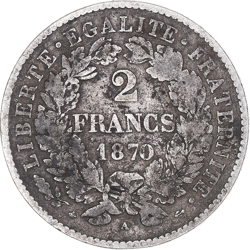 Monnaie, France, Cérès, 2 Francs, 1870, Paris, TB, Argent, Gadoury:530