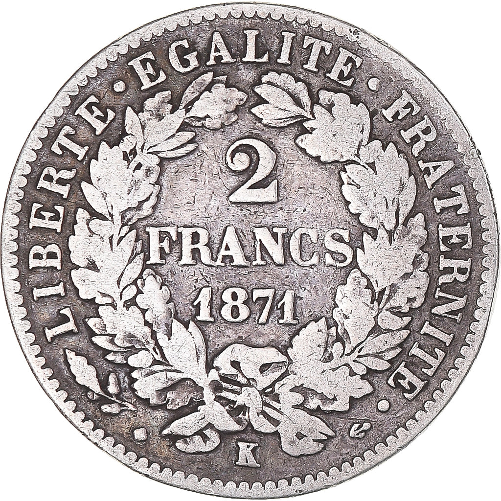 Moneta, Francja, Cérès, 2 Francs, 1871, Bordeaux, grand K, VF(20-25), Srebro