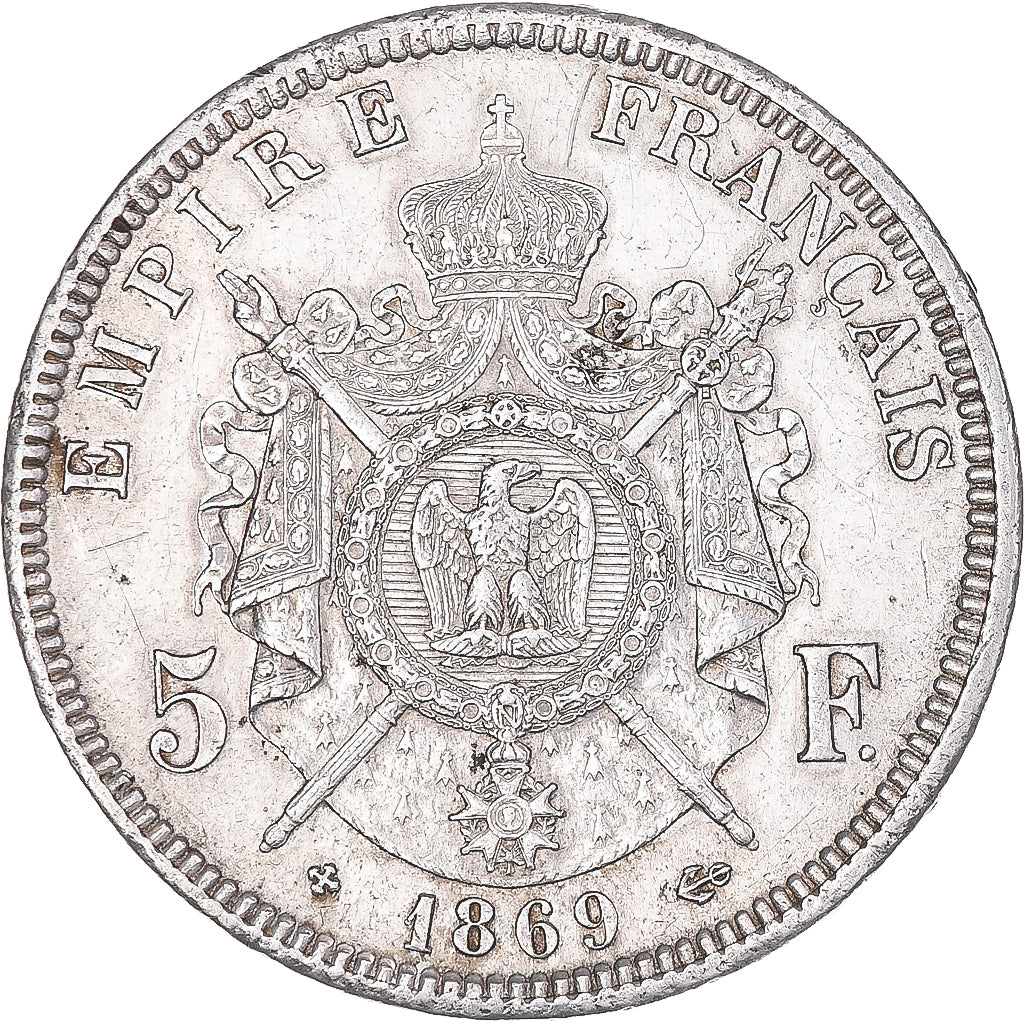 Moneta, Francja, Napoléon III, 5 Francs, 1869, Strasbourg, AU(50-53), Srebro