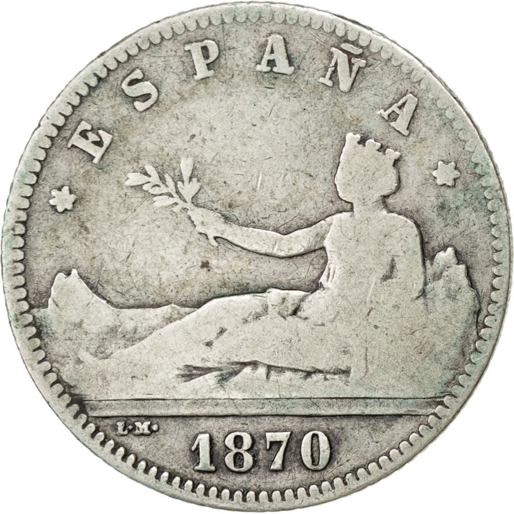 Monnaie, Espagne, Provisional Government, Peseta, 1870, B+, Argent, KM:653