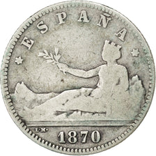 Monnaie, Espagne, Provisional Government, Peseta, 1870, B+, Argent, KM:653