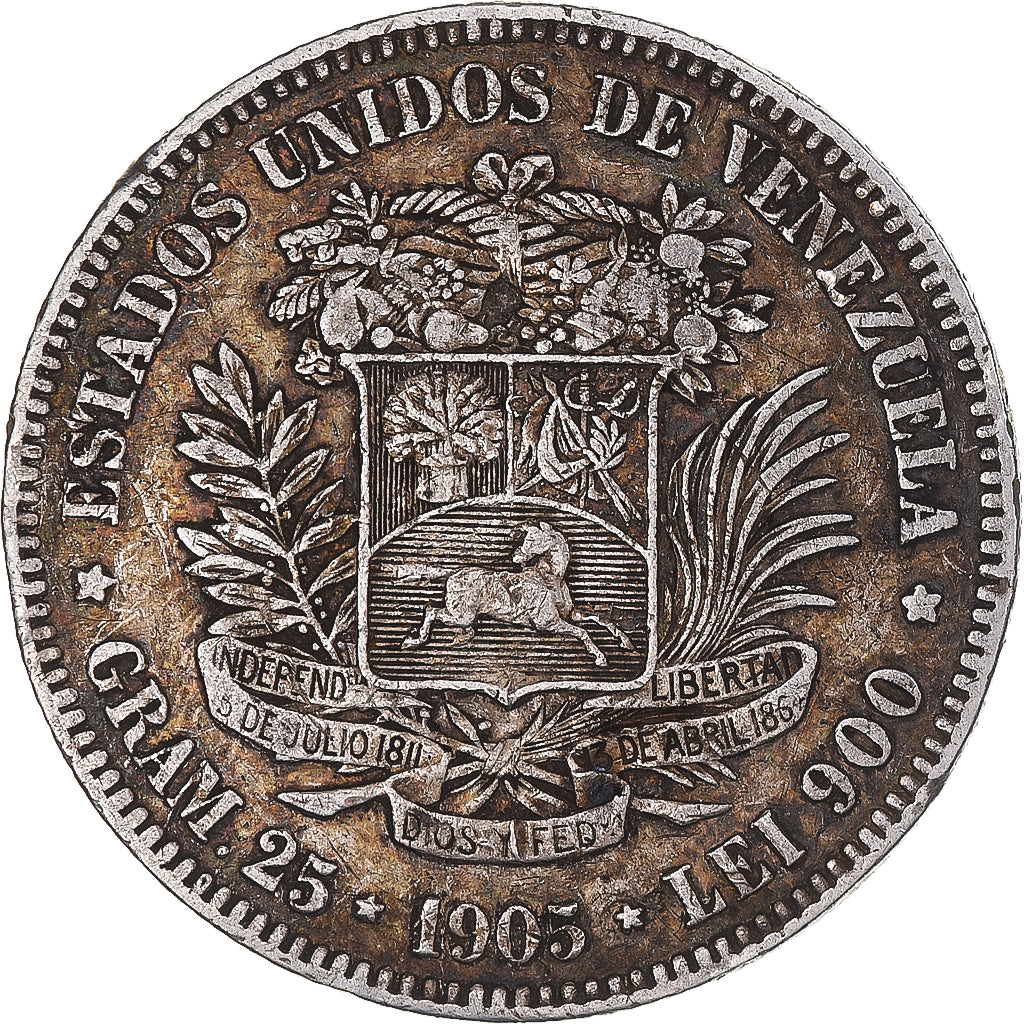 Coin, Venezuela, Gram 25, 5 Bolivares, 1905, EF(40-45), Silver, KM:24.2