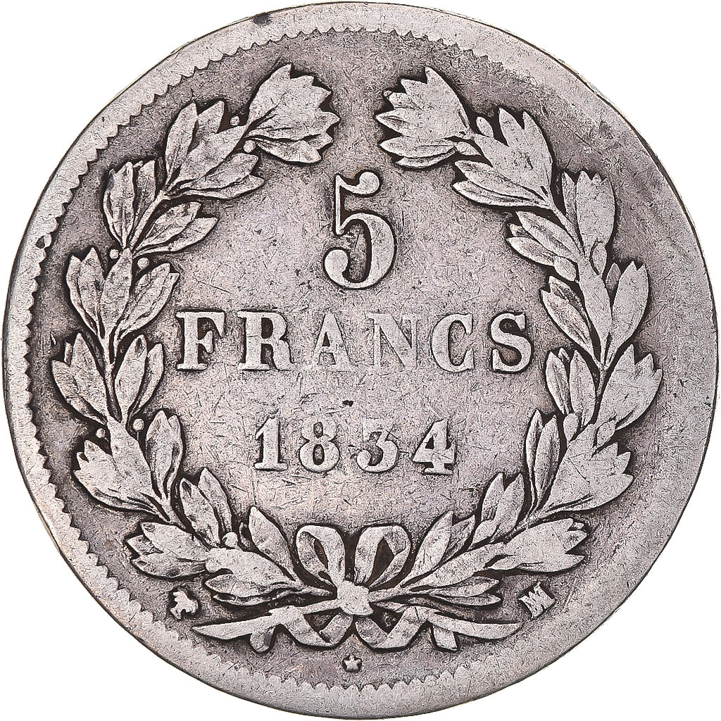 Moneta, Francia, Louis-Philippe, 5 Francs, 1834, Marseille, MB, Argento