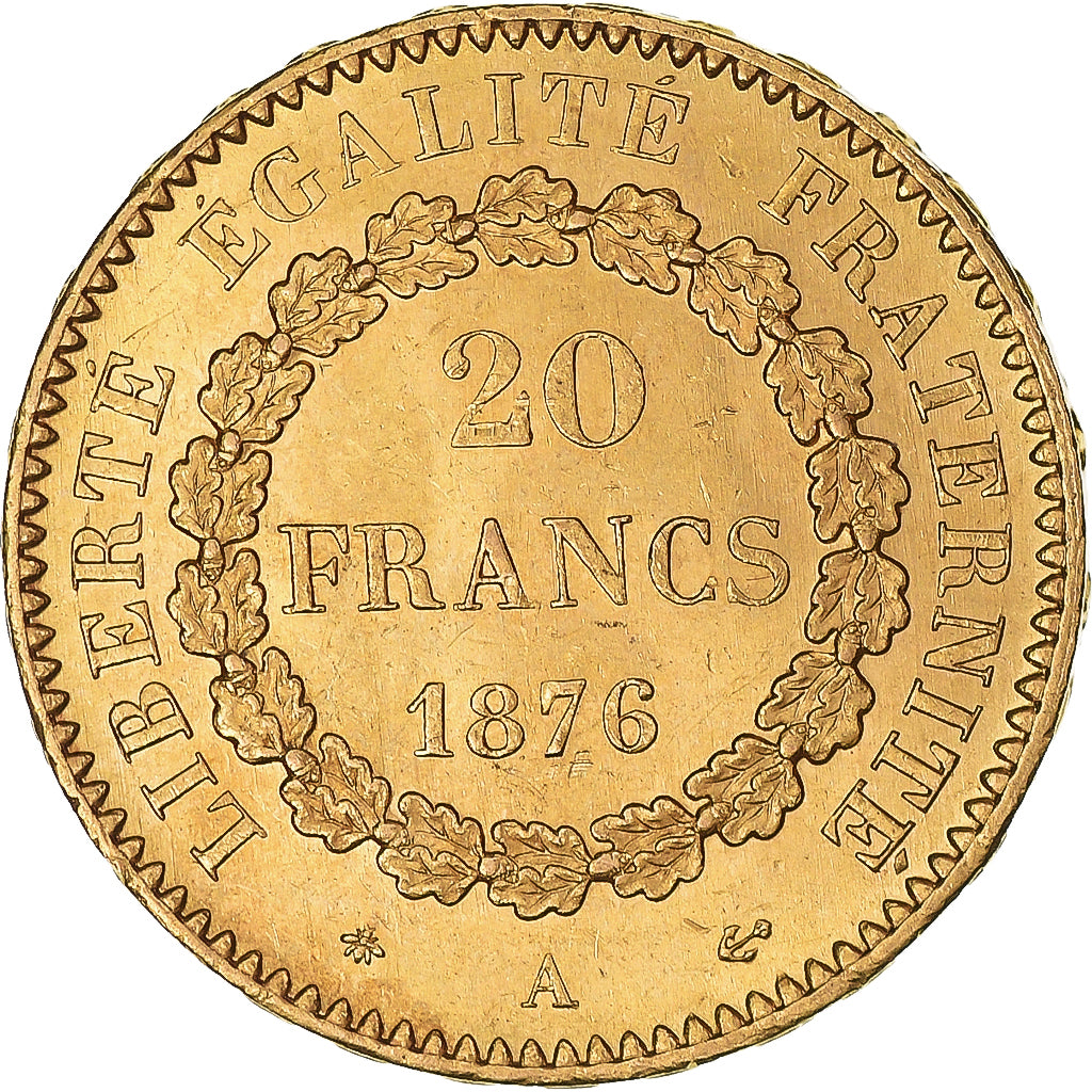 Moeda, França, Génie, 20 Francs, 1876, Paris, MS(60-62), Dourado, KM:825
