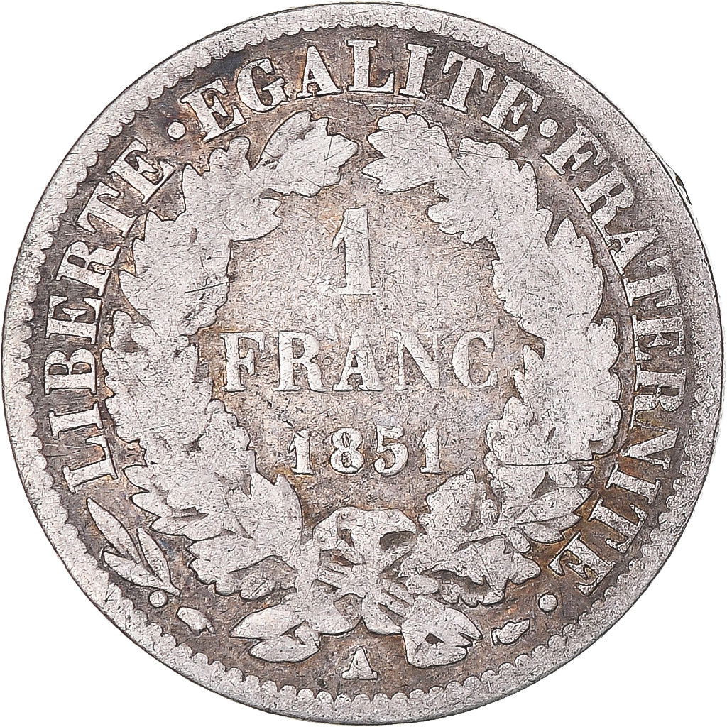 Moneda, Francia, Cérès, Franc, 1851, Paris, BC, Plata, KM:759.1, Gadoury:457