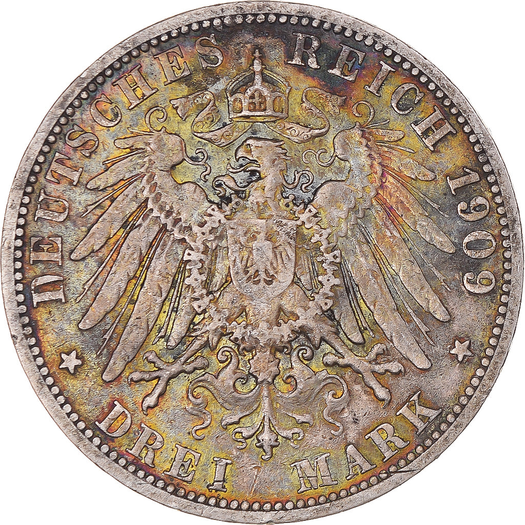 Coin, German States, PRUSSIA, Wilhelm II, 3 Mark, 1909, Berlin, EF(40-45)