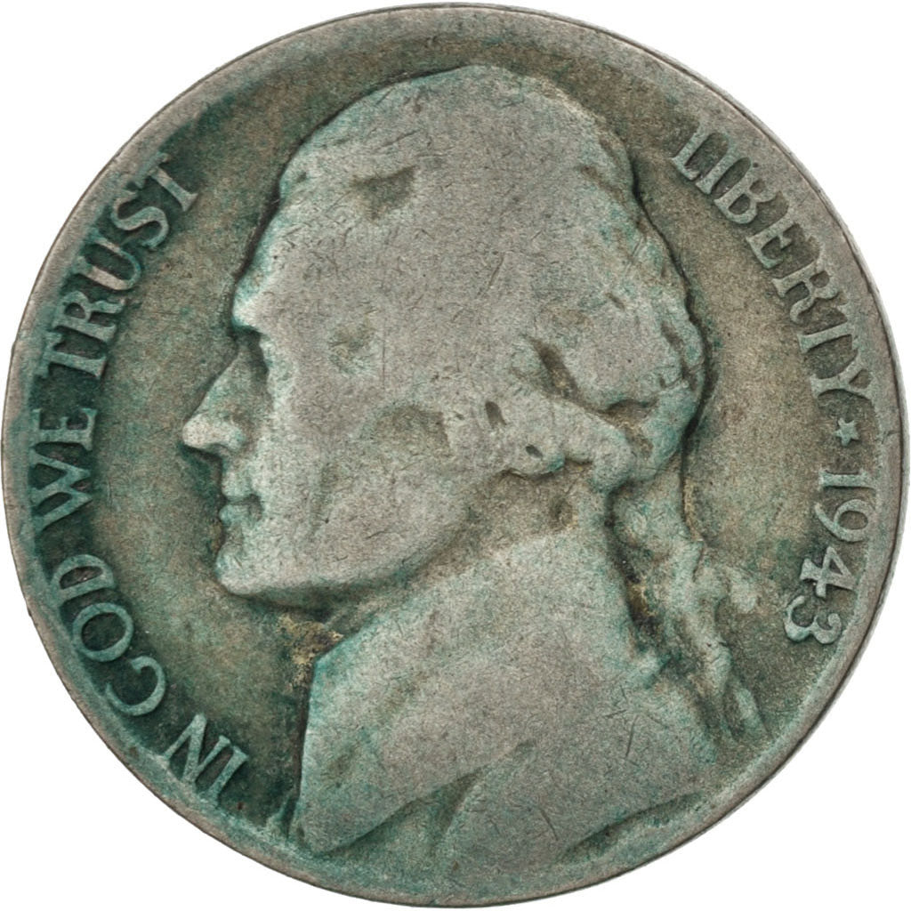 UNITED STATES, Jefferson Nickel, 5 Cents, 1943, U.S. Mint, KM #192a, VF(20-25),.