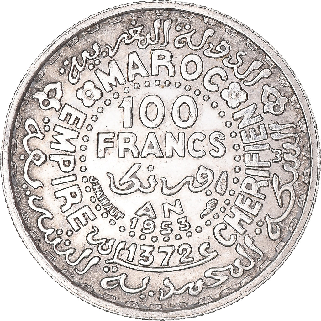 Coin, Morocco, Mohammed V, 100 Francs, 1953, Paris, AU(50-53), Silver, KM:52