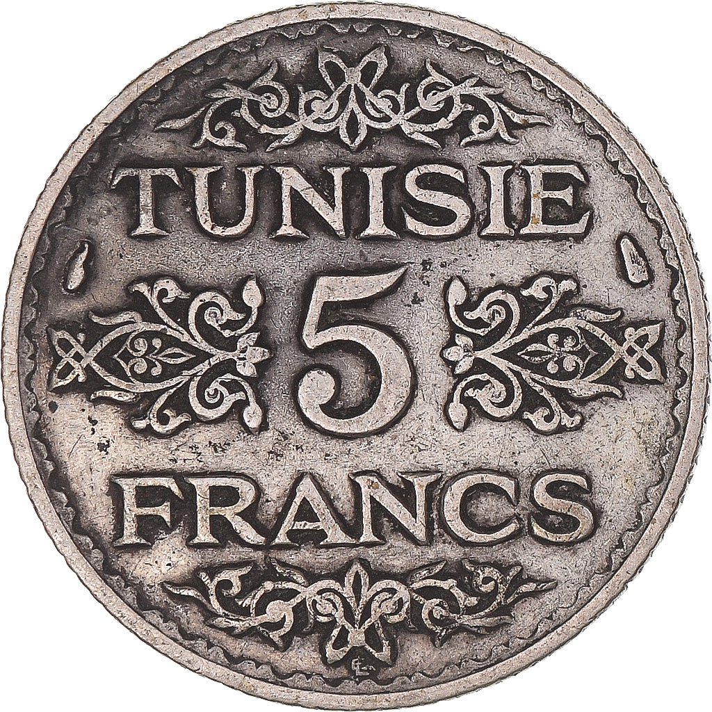Moneta, Tunisia, Ahmad Pasha Bey, 5 Francs, 1934, Paris, VF(30-35), Srebro