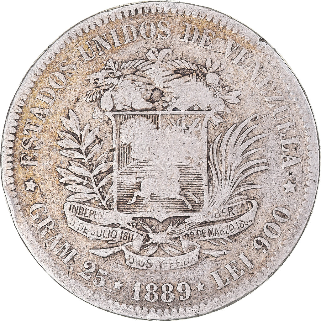 Coin, Venezuela, Gram 25, 5 Bolivares, 1889, VF(20-25), Silver, KM:24.1
