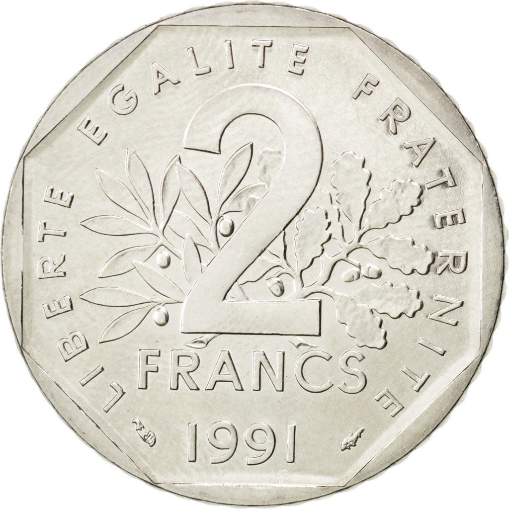 FRANCE, Semeuse, 2 Francs, 1991, KM #942.1, MS(63), Nickel, 26.5, Gadoury #547,.