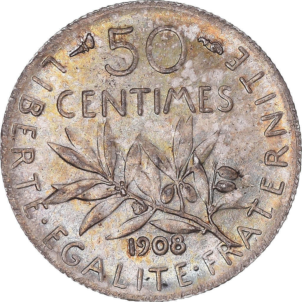 Coin, France, Semeuse, 50 Centimes, 1908, Paris, MS(63), Silver, KM:854