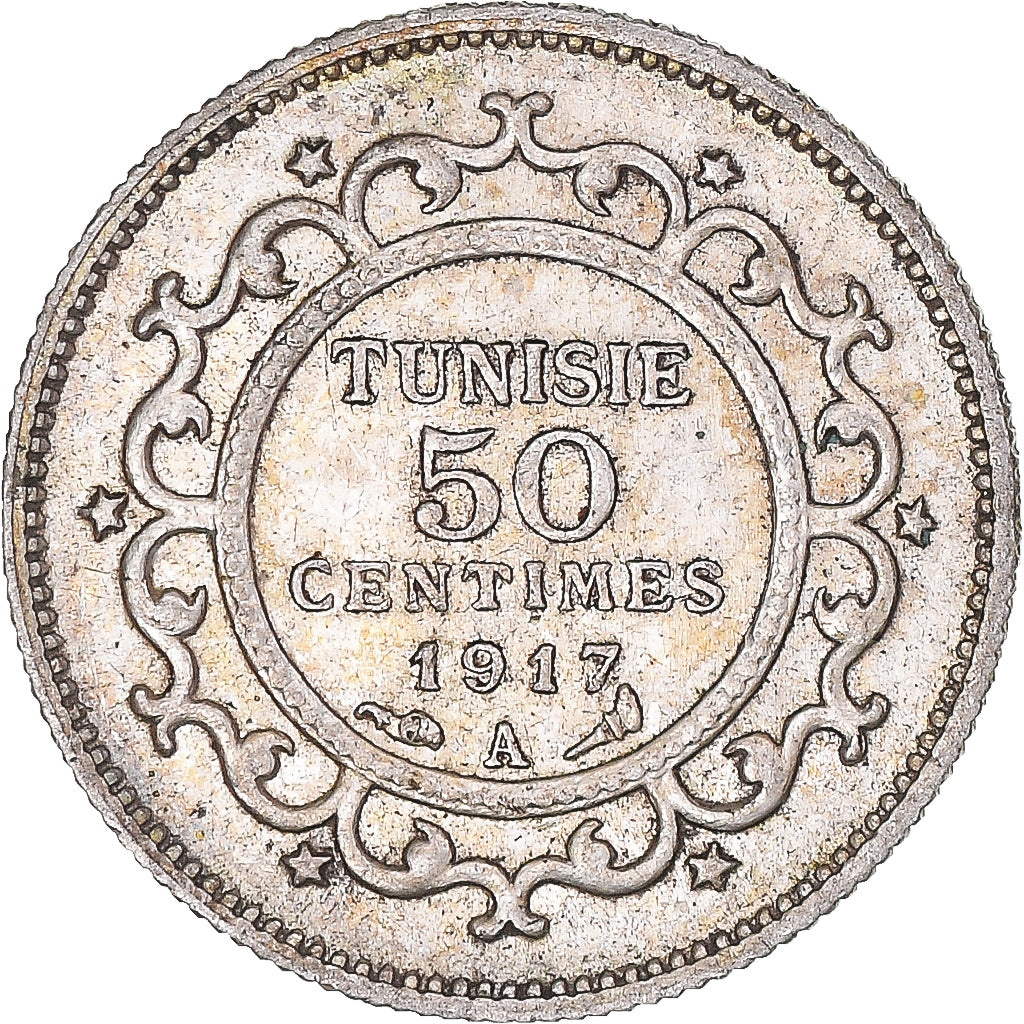 Monnaie, Tunisie, Muhammad al-Nasir Bey, 50 Centimes, 1917, Paris, SUP, Argent