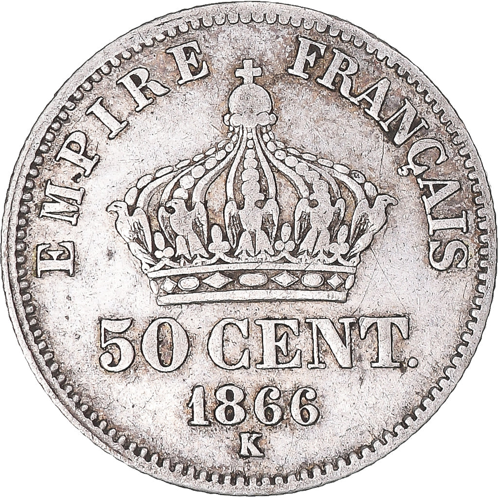 Moeda, França, Napoleon III, 50 Centimes, 1866, Bordeaux, EF(40-45), Prata