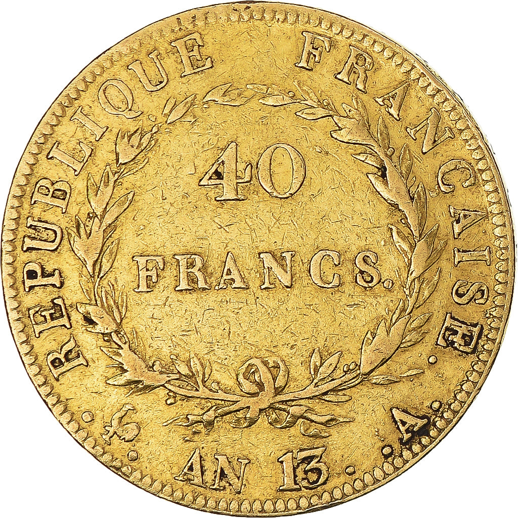 Moneda, Francia, Napoleon I, 40 Francs, AN 13, Paris, BC+, Oro, KM:664.1, Le