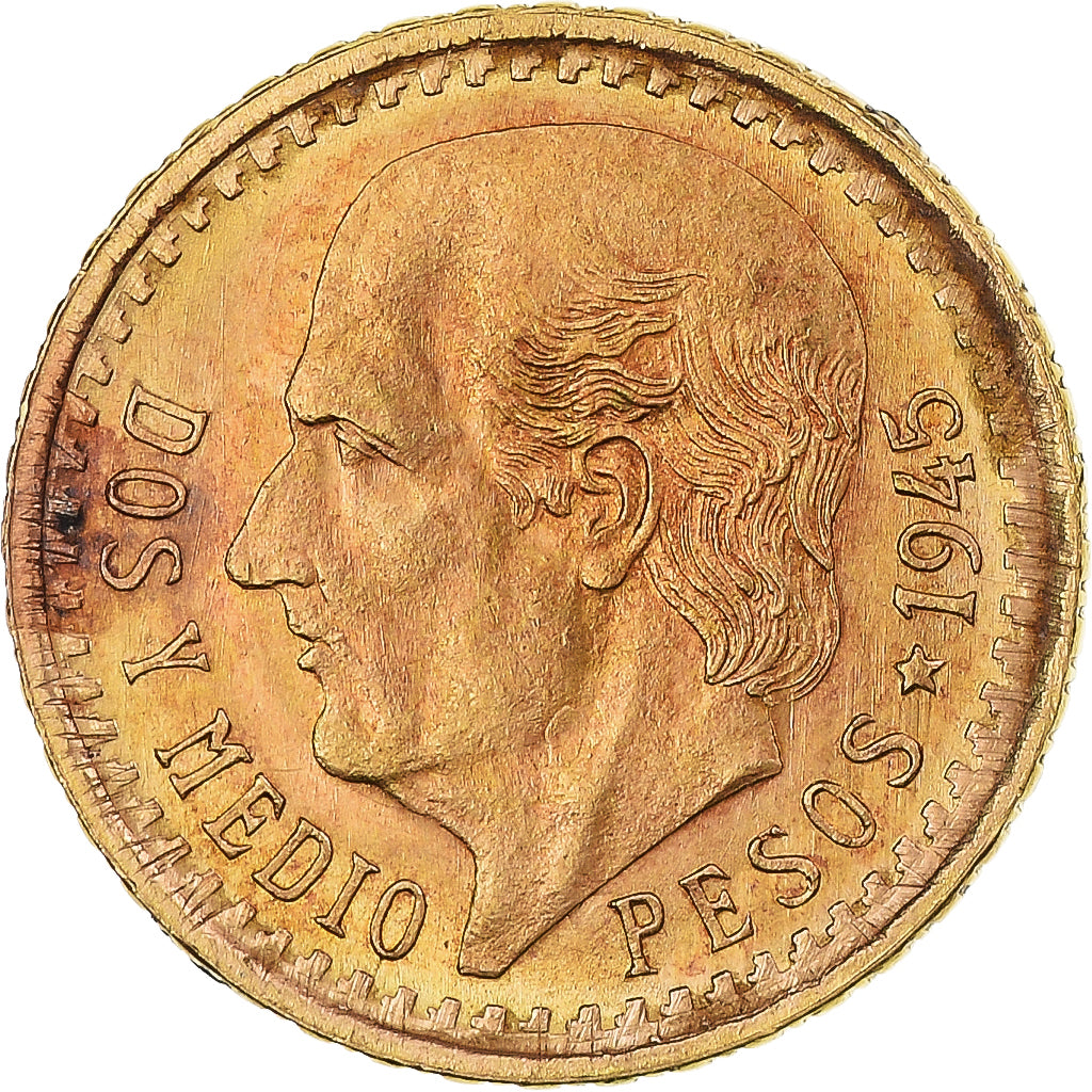 Moneda, México, 2-1/2 Pesos, 1945, Mexico City, MBC+, Oro, KM:463