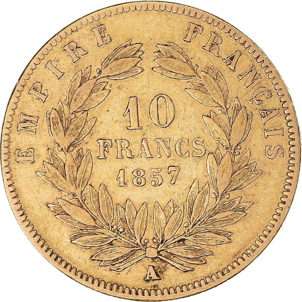 Moneta, Francia, Napoleon III, 10 Francs, 1857, Paris, MB+, Oro, KM:784.3