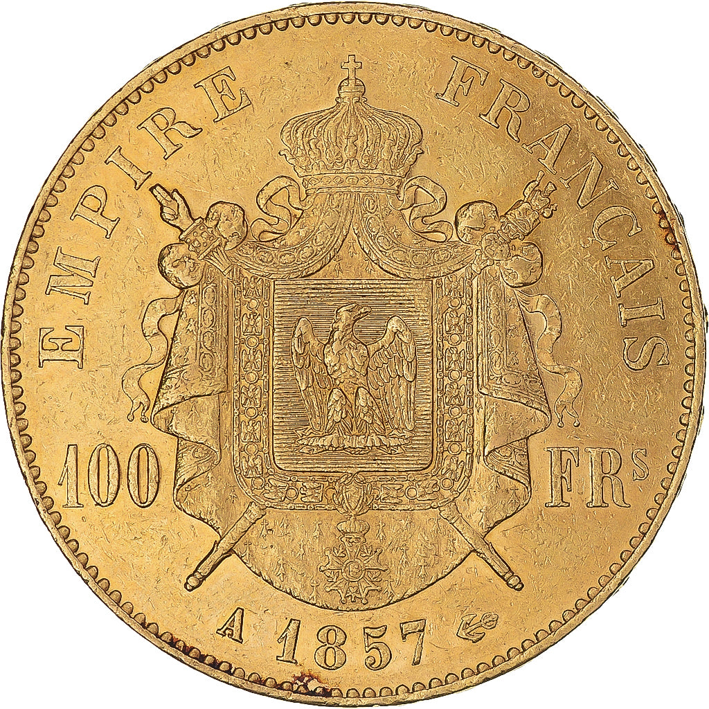 Munten, Frankrijk, Napoleon III, 100 Francs, 1857, Paris, ZF, Goud, KM:786.1