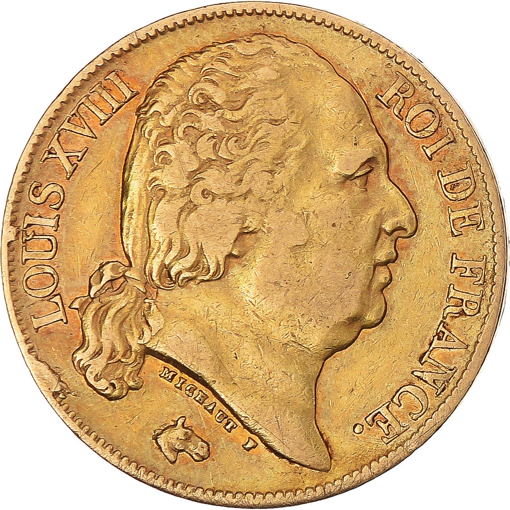 Moneta, Francia, Louis XVIII, 20 Francs, 1824, Paris, BB, Oro, KM:712.1