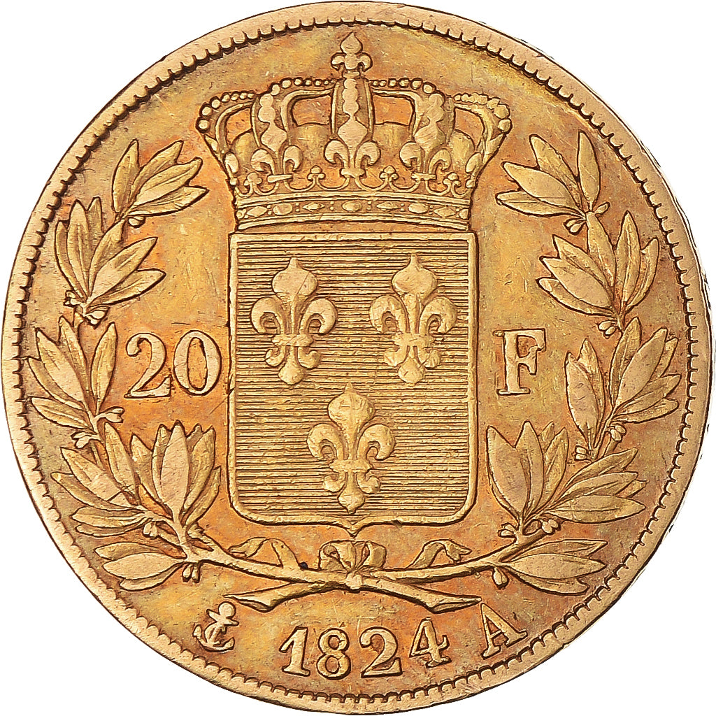 Moneta, Francia, Louis XVIII, 20 Francs, 1824, Paris, BB, Oro, KM:712.1