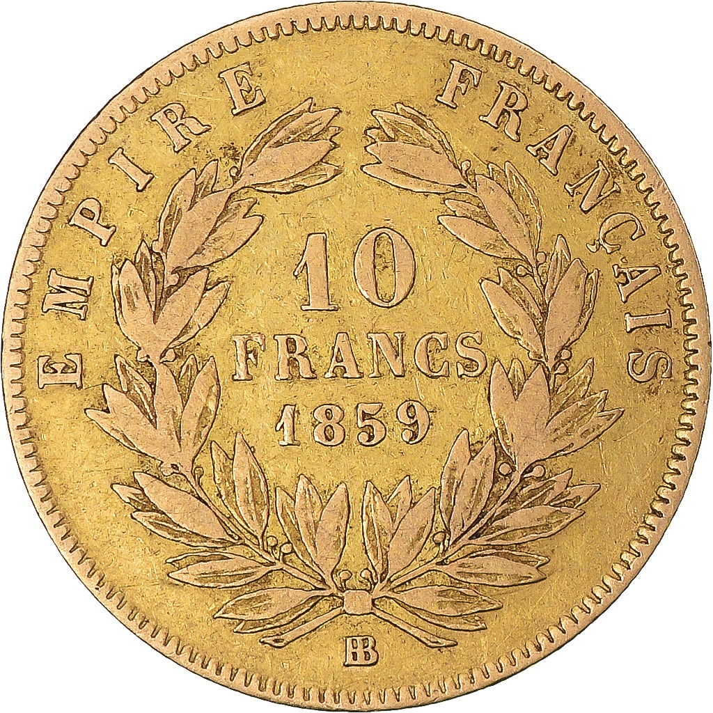 Moneta, Francia, Napoleon III, 10 Francs, 1859, Strasbourg, MB+, Oro, KM:784.4