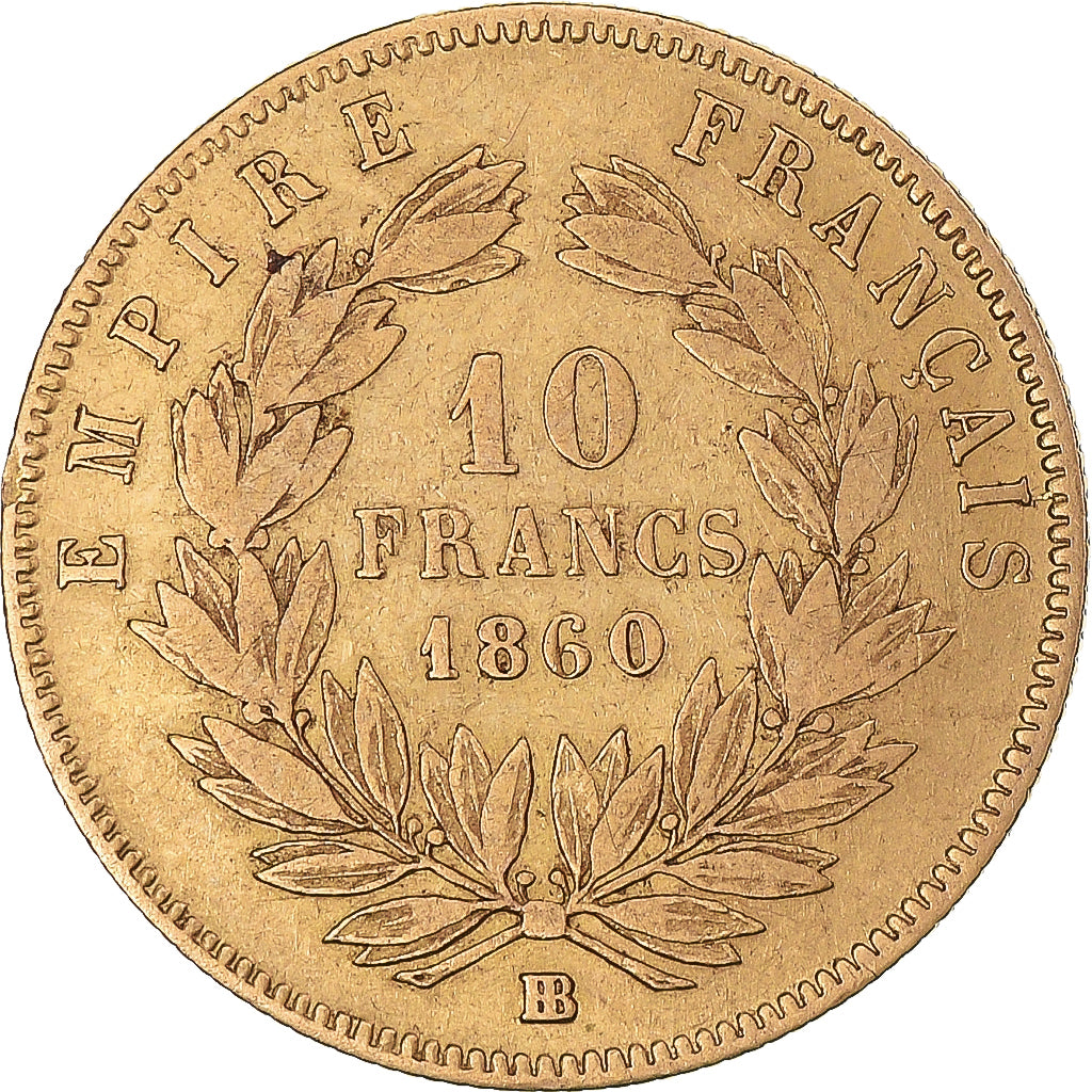 Moneda, Francia, Napoleon III, 10 Francs, 1860, Strasbourg, BC+, Oro, KM:784.4