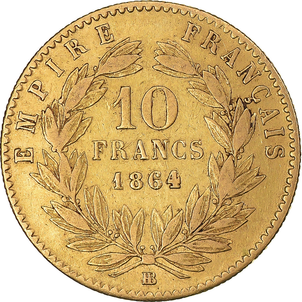 Moneta, Francia, Napoleon III, 10 Francs, 1864, Strasbourg, BB, Oro, KM:800.2