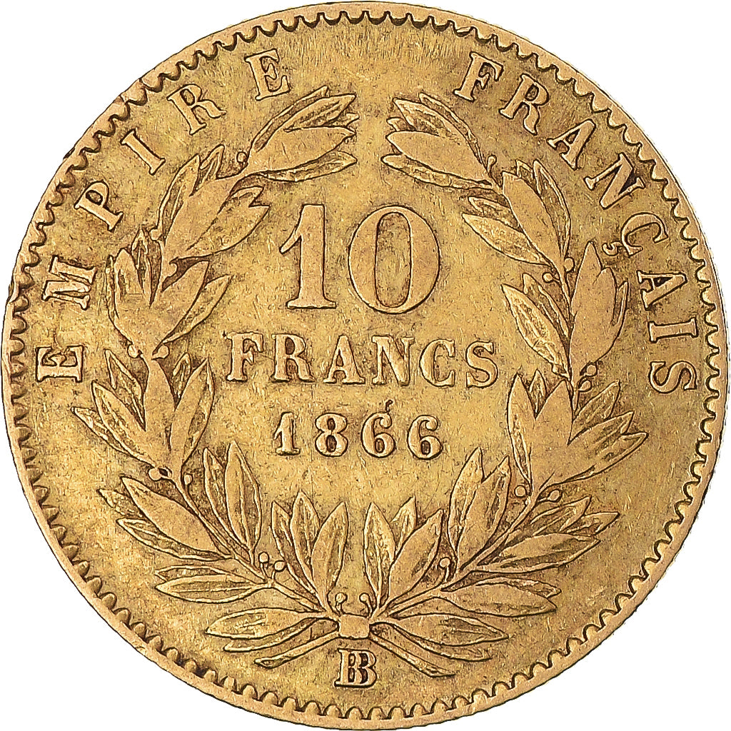 Moeda, França, Napoleon III, 10 Francs, 1866, Strasbourg, Large BB, EF(40-45)