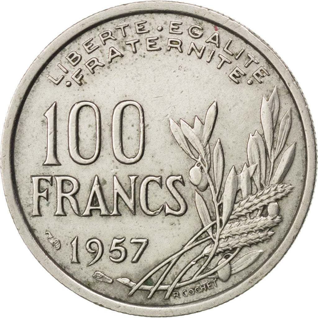 FRANCE, Cochet, 100 Francs, 1957, KM #919.1, VF(30-35), Copper-Nickel, 24,...