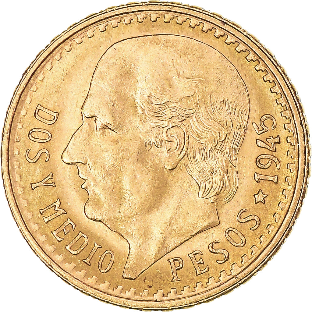 Coin, Mexico, 2-1/2 Pesos, 1945, Mexico City, MS(63), Gold, KM:463