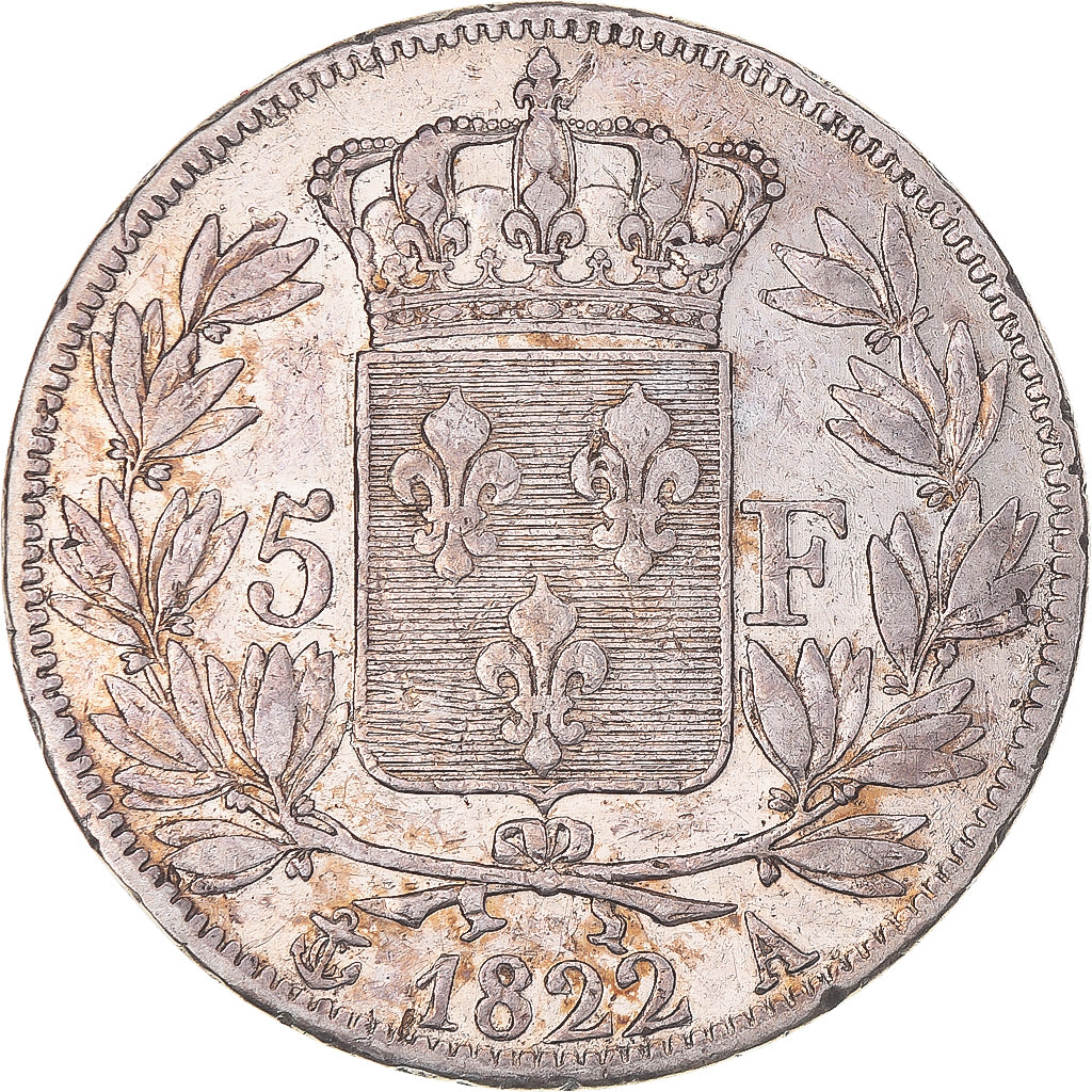 Moneta, Francia, Louis XVIII, 5 Francs, 1822, Paris, BB, Argento, KM:711.1