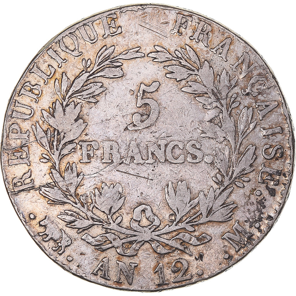Moneda, Francia, Napoléon I, 5 Francs, An 12, Toulouse, BC+, Plata, KM:660.8