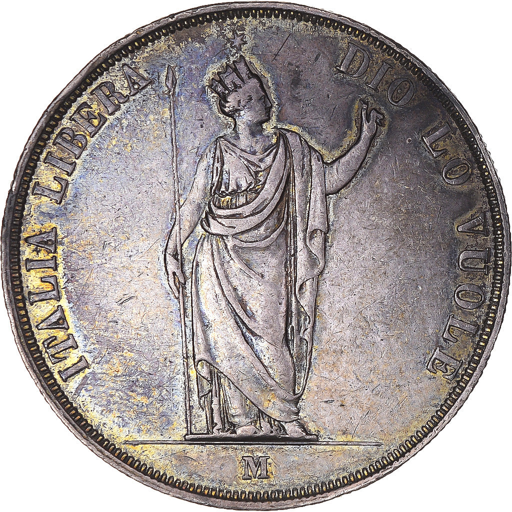 Coin, ITALIAN STATES, LOMBARDY-VENETIA, 5 Lire, 1848, Milan, EF(40-45), Silver