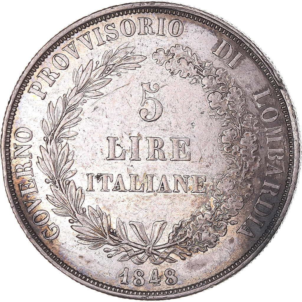 Coin, ITALIAN STATES, LOMBARDY-VENETIA, 5 Lire, 1848, Milan, EF(40-45), Silver